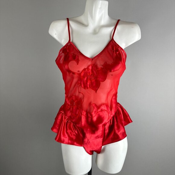 Vintage 90s Josie One Piece Bodysuit Red Mesh Sheer Ruffle Medium Satin Sexy - Picture 1 of 5